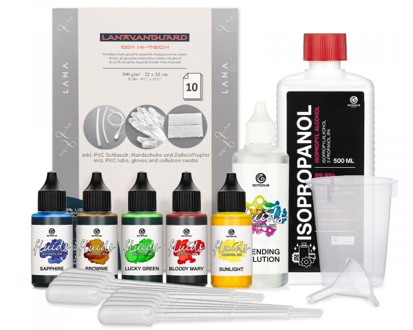Set iniziale Octopus Fluids Alcohol Ink CIRCLE Bloody Mary, Sunlight, Sapphire, Lucky Green, Brownie
