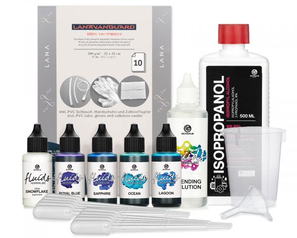 Set completo di inchiostri a base alcolica Octopus Fluids, collezione BREEZE orientata al blu, accessori