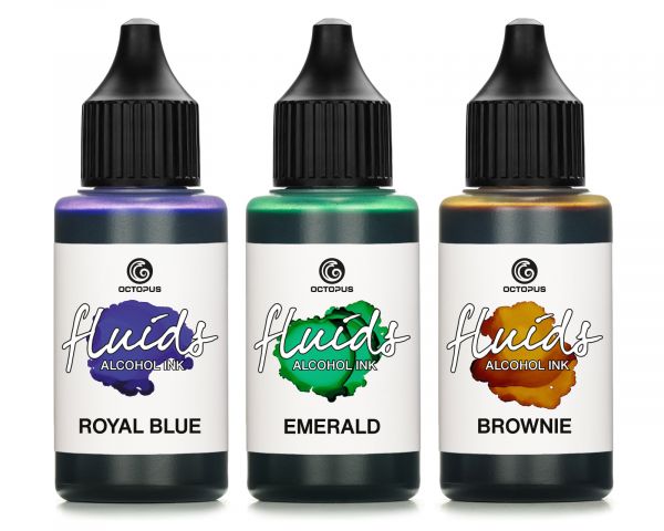 Set di inchiostri a base alcolica Octopus Fluids Royal Blue Emerald Brownie