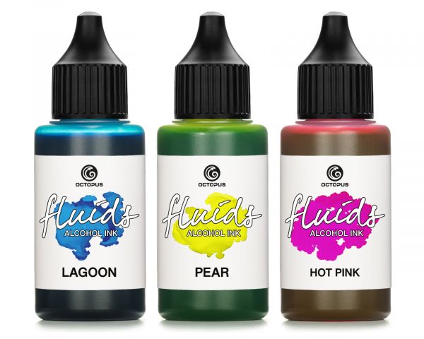 Set di inchiostri a base alcolica Octopus Fluids LAGOON, PEAR e HOT PINK