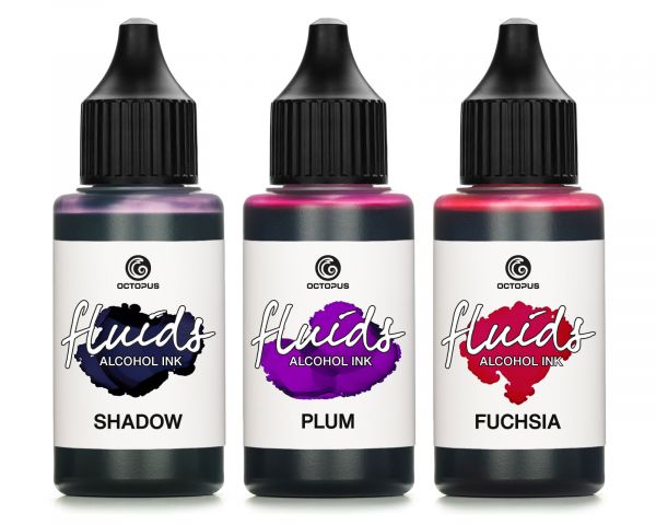 Set di inchiostri a base alcolica Octopus Fluids Shadow, Plum, Fuchsia per Fluid Art e resina