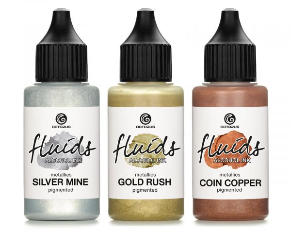 Set di inchiostri a base di alcol Octopus Fluids Metallics Gold Rush Silver Mine Coin Copper