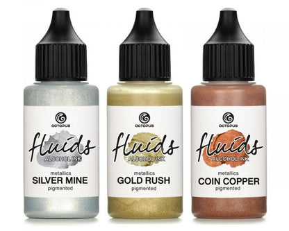 Set di inchiostri a base di alcol Octopus Fluids Metallics Gold Rush Silver Mine Coin Copper