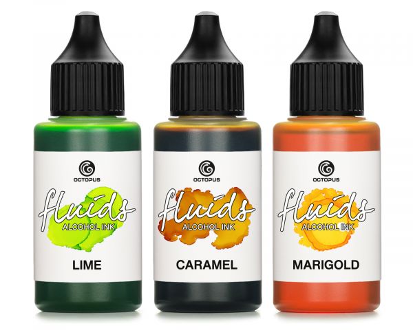 Octopus Fluids Alcohol Ink Set Encres créatives LIME, CARAMEL, MARIGOLD