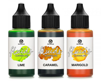 Octopus Fluids Alcohol Ink Set Encres créatives LIME, CARAMEL, MARIGOLD