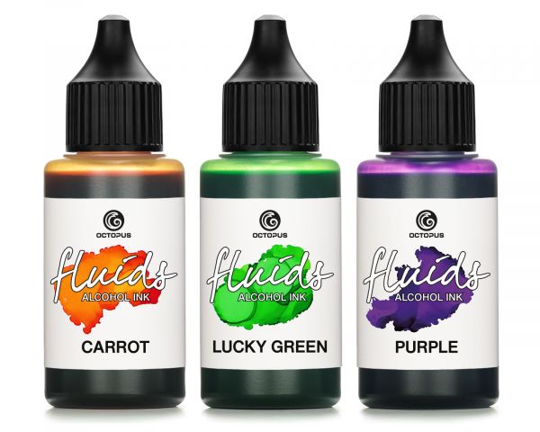 Set di inchiostri a base alcolica Octopus Fluids per Fluid Art CARROT, LUCKY GREEN, PURPLE