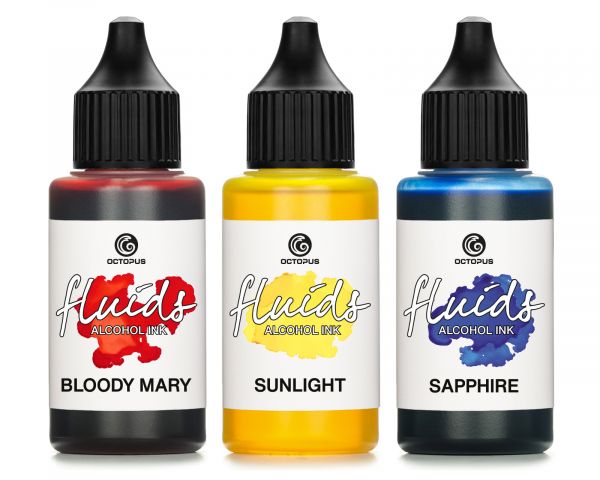 Set di inchiostri a base alcolica Octopus Fluids, inchiostri creativi BLOODY MARY, SUNLIGHT, SAPPHIRE