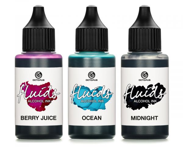 Octopus Fluids Alcool Ink Set MIDNIGHT, OCEAN, BERRY JUICE Encre à alcool pour Fluid Art, résine et techniques mixtes