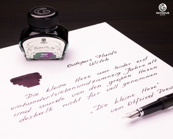 Octopus Fluids Encre pour stylo plume Collection Sheen Ink Witch Green avec chatoiement métallique violet Édition limitée 30 ml
