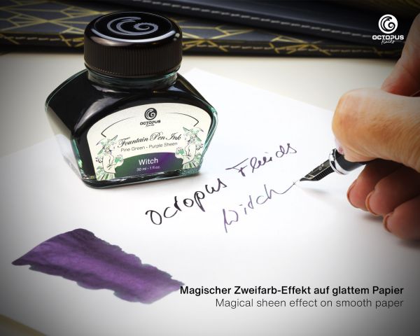 Octopus Fluids Encre pour stylo plume Collection Sheen Ink Witch Green avec chatoiement métallique violet Édition limitée 30 ml