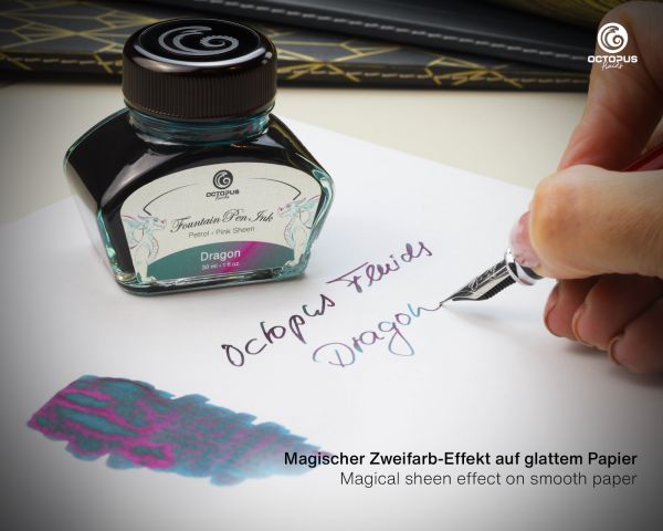 Encre pour stylo plume Octopus Fluids Sheen Ink Collection Dragon Petrol, Sheen métallique bicolore, avec convertisseur, 30 ml