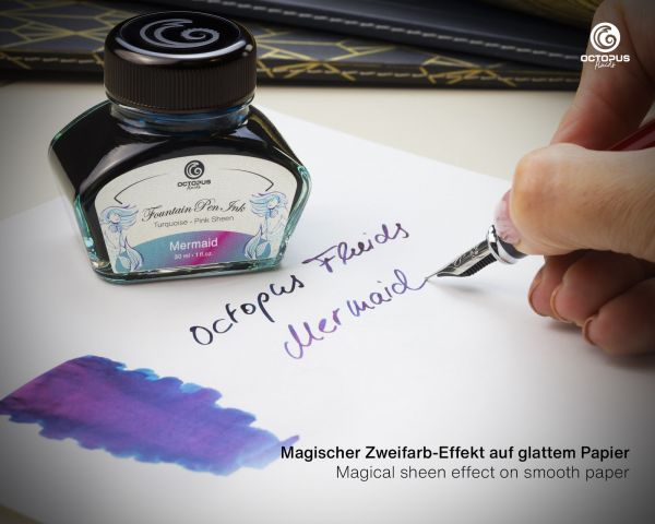 Encre pour stylo plume Octopus Fluids Sheen Ink Collection Mermaid Petrol avec convertisseur, 30 ml