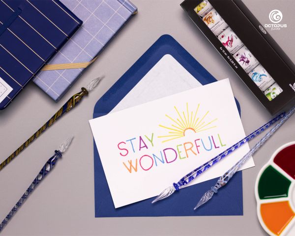 Set da scrittura Octopus Fluids con penna in vetro di Lauscha, inchiostri Write & Draw pigmentati e resistenti all'acqua, realizzati a mano
