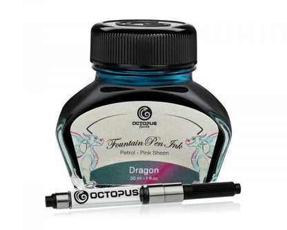 Encre pour stylo plume Octopus Fluids Sheen Ink Collection Dragon Petrol, Sheen métallique bicolore, avec convertisseur, 30 ml