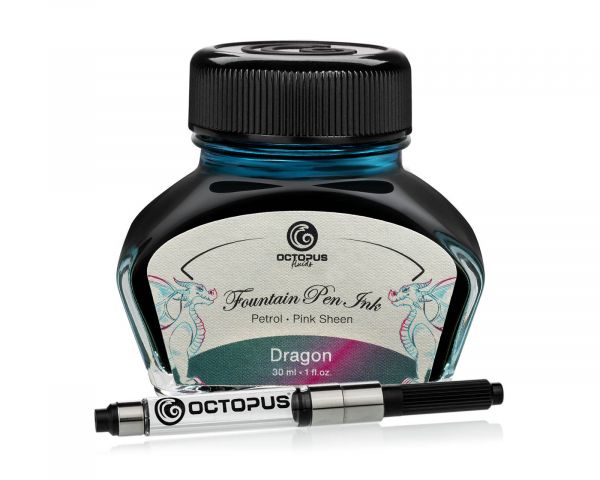 Encre pour stylo plume Octopus Fluids Sheen Ink Collection Dragon Petrol, Sheen métallique bicolore, avec convertisseur, 30 ml