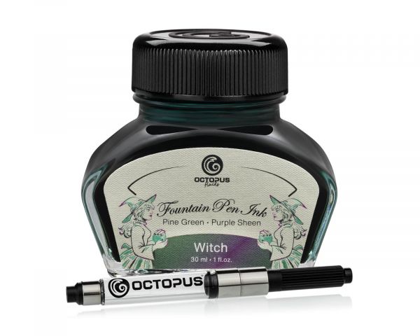 Octopus Fluids Encre pour stylo plume Collection Sheen Ink Witch Green avec chatoiement métallique violet Édition limitée 30 ml