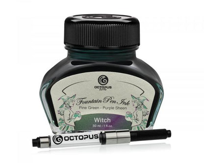 Octopus Fluids Encre pour stylo plume Collection Sheen Ink Witch Green avec chatoiement métallique violet Édition limitée 30 ml