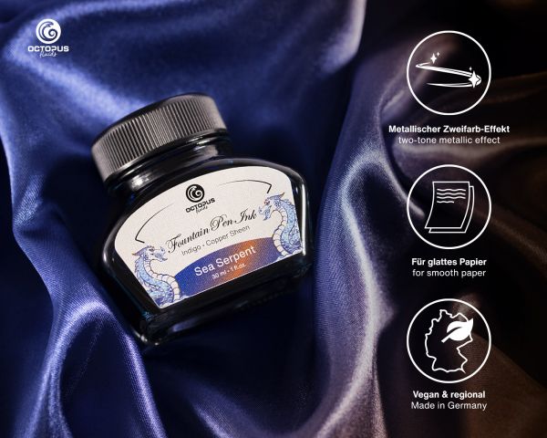 Inchiostro per penna stilografica Octopus Fluids Sheen Ink Sea Serpent blu con sheen metallizzato