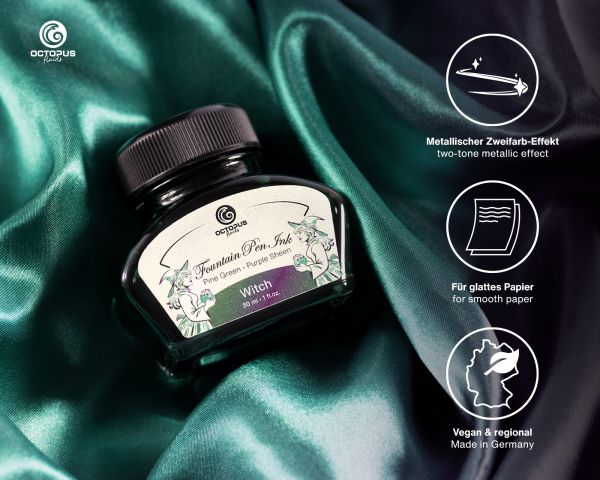Octopus Fluids Encre pour stylo plume Collection Sheen Ink Witch Green avec chatoiement métallique violet Édition limitée 30 ml