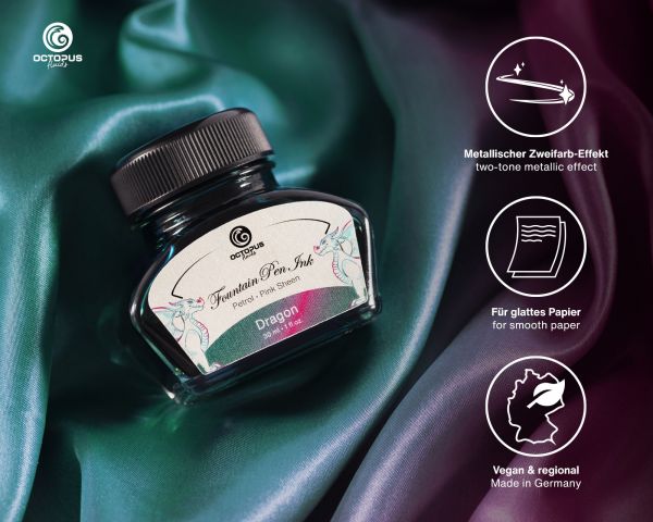 Encre pour stylo plume Octopus Fluids Sheen Ink Collection Dragon Petrol, Sheen métallique bicolore, avec convertisseur, 30 ml