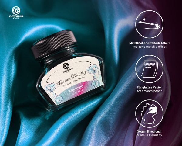 Encre pour stylo plume Octopus Fluids Sheen Ink Collection Mermaid Petrol avec convertisseur, 30 ml