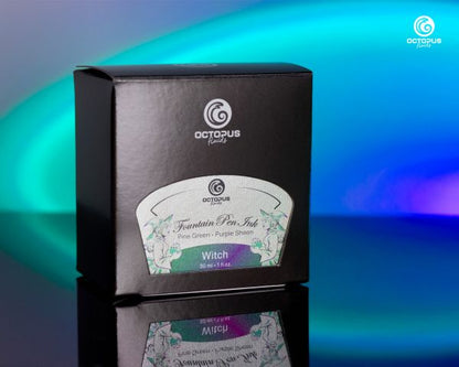 Octopus Fluids Encre pour stylo plume Collection Sheen Ink Witch Green avec chatoiement métallique violet Édition limitée 30 ml