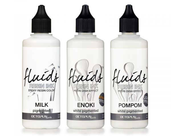 Set di inchiostri alcolici / inchiostri per resina Octopus Fluids per colata di resina Bianco – POMPOM, ENOKI, MILK