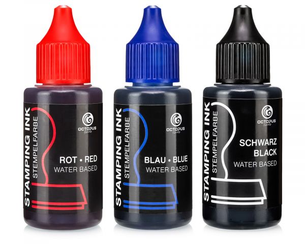 Set di inchiostri per timbri Octopus nero, blu, rosso, 3 x 30 ml, a base d'acqua, senza olio