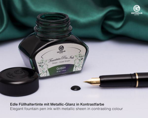 Octopus Fluids Füllhaltertinte Sheen Ink Octopus Sheen Ink Goblin Grün mit violettem Metallic-Sheen, 30 ml, mit Konverter