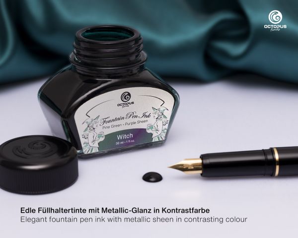Octopus Fluids Encre pour stylo plume Collection Sheen Ink Witch Green avec chatoiement métallique violet Édition limitée 30 ml