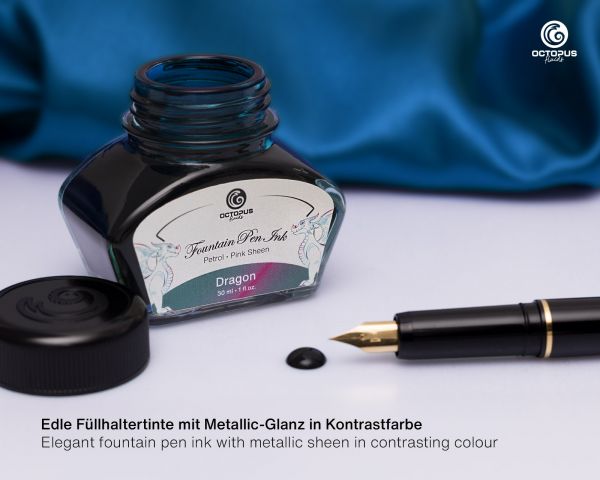 Encre pour stylo plume Octopus Fluids Sheen Ink Collection Dragon Petrol, Sheen métallique bicolore, avec convertisseur, 30 ml