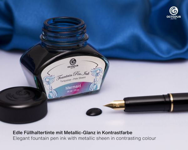 Encre pour stylo plume Octopus Fluids Sheen Ink Collection Mermaid Petrol avec convertisseur, 30 ml