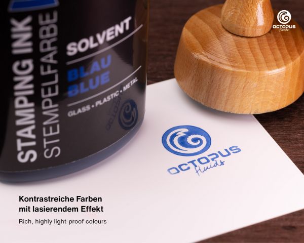 Inchiostro per timbri a base solvente Octopus Fluids Lenizett per superfici lisce Blu (trasparente)
