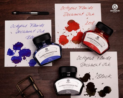 Inchiostro per penna stilografica indelebile Octopus Fluids Document Inks 3 x 30 ml Nero Blu Rosso con converter, certificato secondo DIN ISO 12757-2