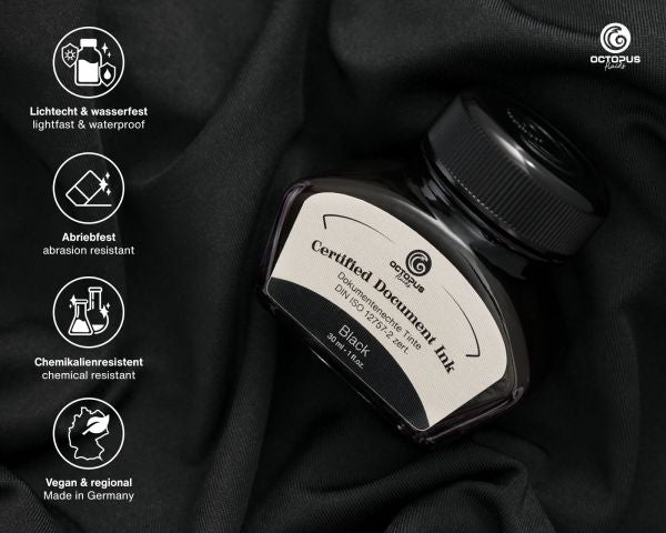 Inchiostro per penna stilografica indelebile Octopus Fluids Document Inks 3 x 30 ml Nero Blu Rosso con converter, certificato secondo DIN ISO 12757-2