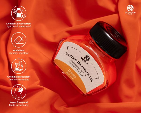 Octopus Fluids Inchiostro indelebile per penne stilografiche Document Ink Arancione certificato DIN ISO 12757-2