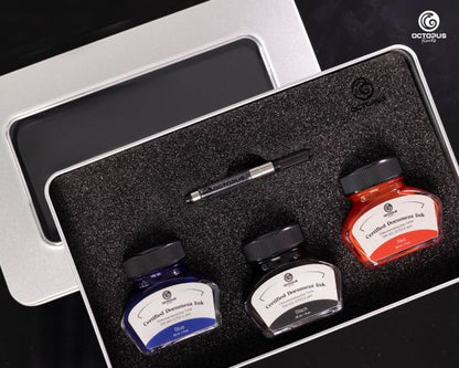 Inchiostro per penna stilografica indelebile Octopus Fluids Document Inks 3 x 30 ml Nero Blu Rosso con converter, certificato secondo DIN ISO 12757-2