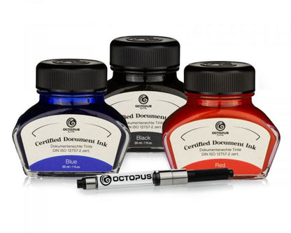 Inchiostro per penna stilografica indelebile Octopus Fluids Document Inks 3 x 30 ml Nero Blu Rosso con converter, certificato secondo DIN ISO 12757-2