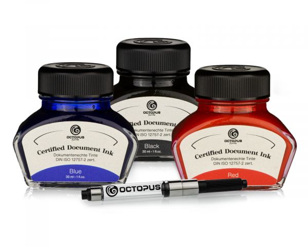 Inchiostro per penna stilografica indelebile Octopus Fluids Document Inks 3 x 30 ml Nero Blu Rosso con converter, certificato secondo DIN ISO 12757-2
