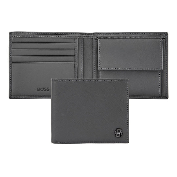 Portafoglio HUGO BOSS Double B in Saffiano, con patta, color canna di fucile