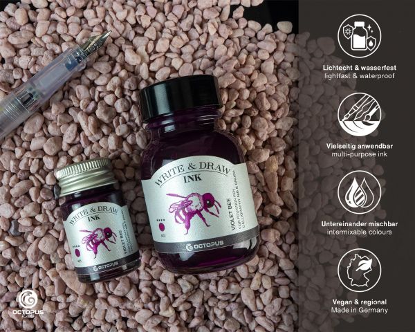 Octopus Fluids Schreib- und Zeichentusche Write & Draw Violet Bee 401, pigmentierte, wasserfeste Kreativtinte, 50 ml Glasflasche